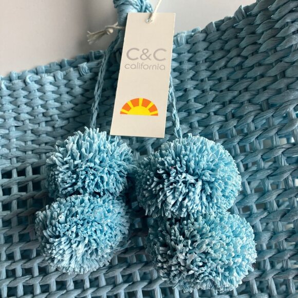 NEW C&C California Pom-Pom Structured Woven Tote Beach Bag Purse Light Blue - Picture 2 of 6